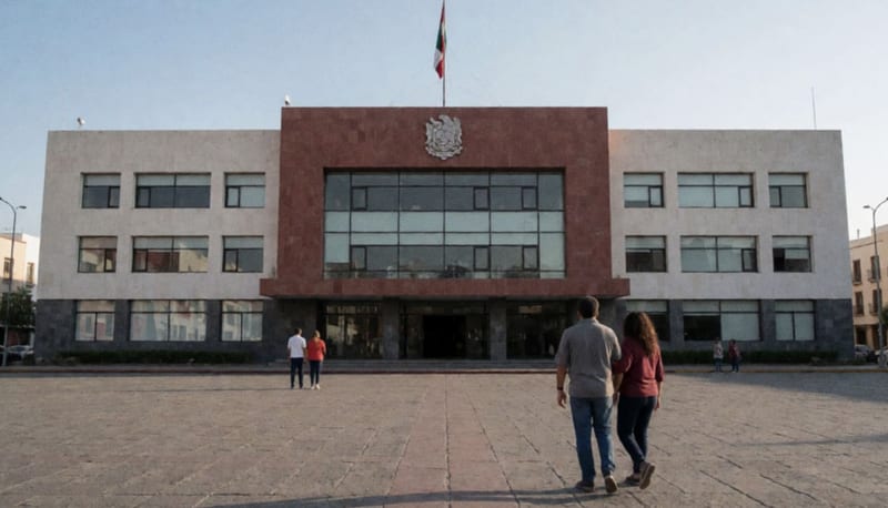 Edificio de gobierno visto desde una plaza amplia bajo cielo despejado