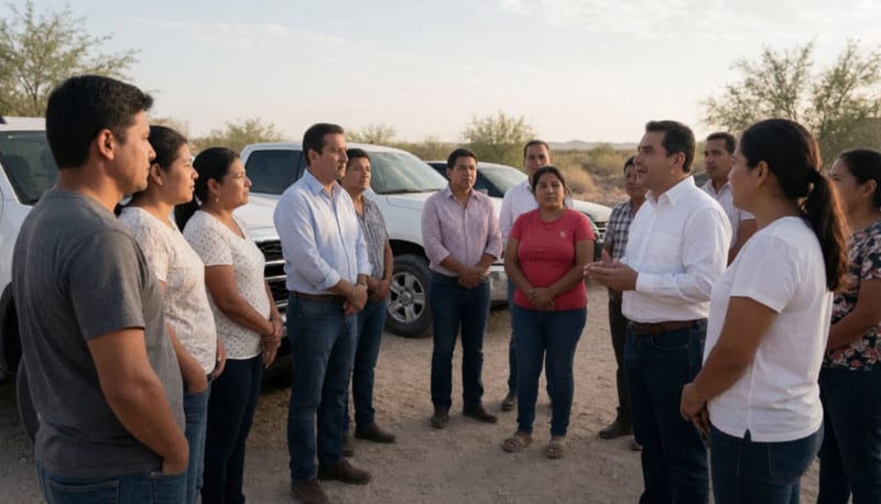 Reunión comunitaria en plaza de Ojinaga con empresarios y líderes locales bajo el sol del desierto
