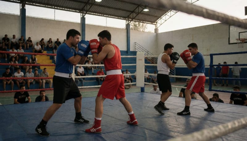 Boxeadores en acción dentro de un ring rodeados de espectadores en un gimnasio municipal