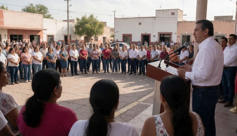 Político dirigiéndose a ciudadanos en un acto comunitario al aire libre de un municipio del norte de Chihuahua