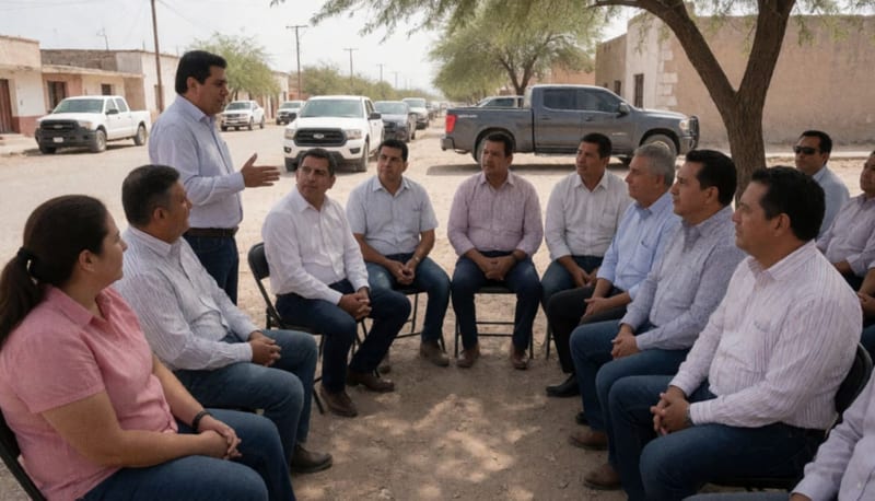 Líderes comunitarios y empresarios escuchando discurso en reunión al aire libre en la región norte del estado
