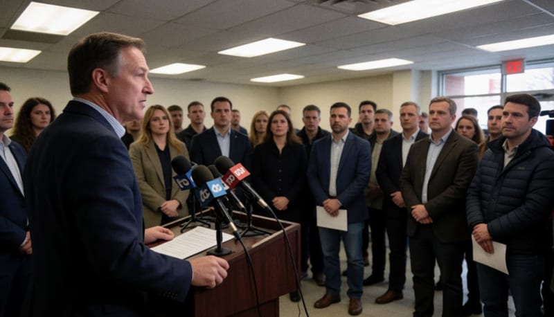 Cruz Pérez Cuéllar durante una rueda de prensa con micrófónos y reporteros presentes