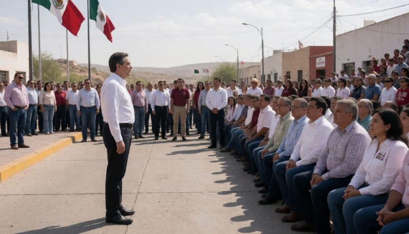 Funcionario frente a asistentes durante acto público en plaza fronteriza bajo cielo despejado