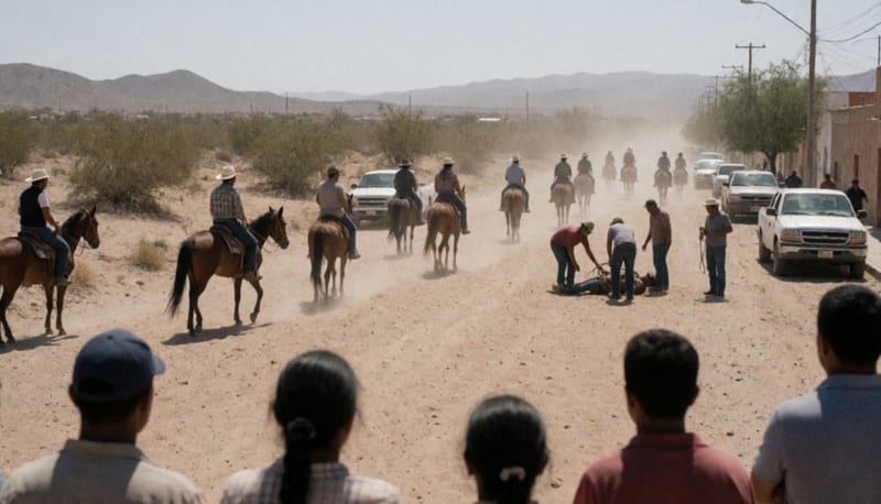 Jinetes en el terreno polvoriento de una cabalgata con uno de ellos atendiendo a una persona en el suelo