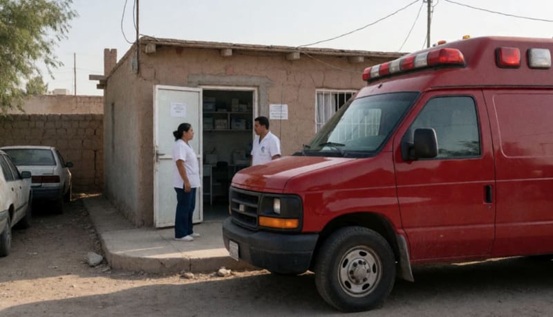 Ambulancia roja estacionada frente a una clínica médica en una localidad del norte de México