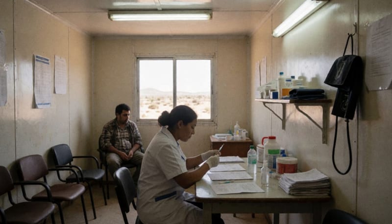 Enfermera preparando un procedimiento en la clínica de la Cruz Roja, con materiales médicos sobre la mesa