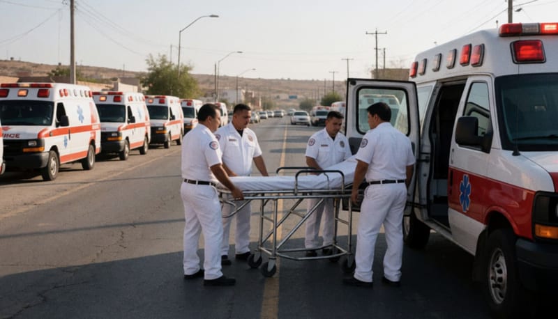 Paramédicos cargando una camilla hacia una ambulancia en una calle de la ciudad