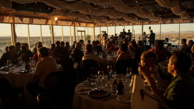 Asistentes en mesas decoradas durante un evento benéfico nocturno en salón cerrado