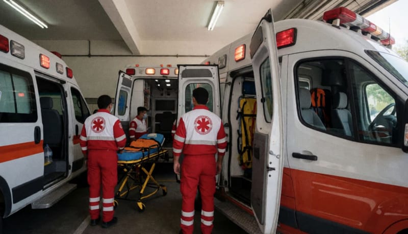 Personal de Cruz Roja junto a ambulancias en una base de operaciones del municipio