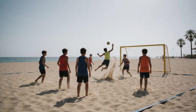 Jóvenes jugando handball de playa sobre arena, vistos desde lejos y de espaldas, con el mar al fondo bajo un sol intenso