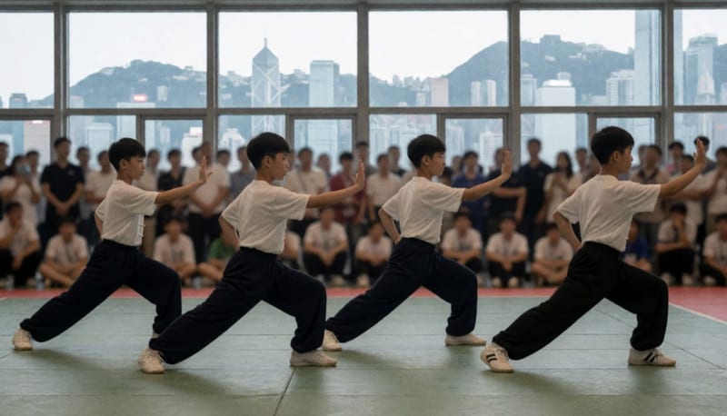 Atletas meoquenses en posición de combate durante competencia internacional de wushu kung fu