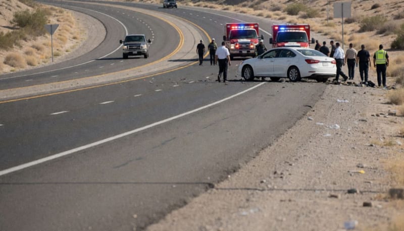 Automóvil volcado sobre la carretera tras choque múltiple con luces de emergencia al fondo en zona árida