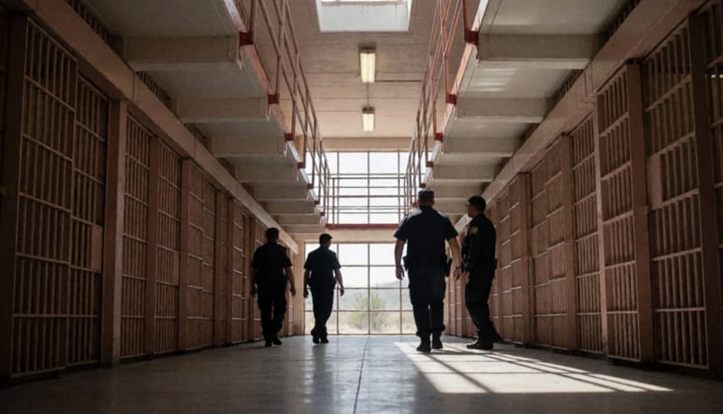 Corredor del interior de un centro penitenciario con celdas a ambos lados y vigilancia uniformada en movimiento