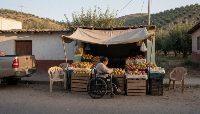 Persona en silla de ruedas acomoda fruta en cajas de madera en un puesto callejero bajo un toldo, con cerros al fondo