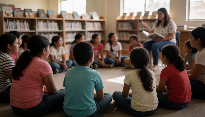 Niños y adultos reunidos en la sección de lectura de una biblioteca pública durante una sesión de taller