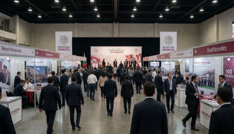 Visitantes recorriendo stands de exposición en un salón de convenciones, con empresarios conversando entre los exhibidores