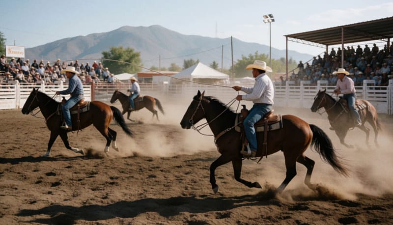 Charros compitiendo en una arena de rodeo bajo el sol de la tarde con espectadores en las gradas