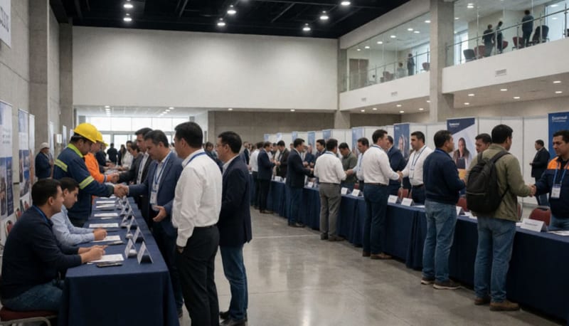 Empresarios y profesionales interactuando en el piso de un centro de convenciones durante un evento industrial