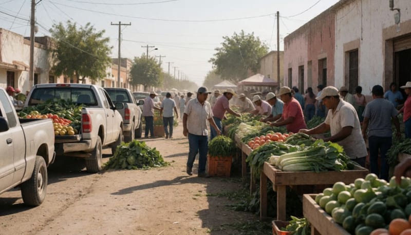 Mercado agrícola con vendedores y camionetas cargando productos en un municipio del norte de Chihuahua