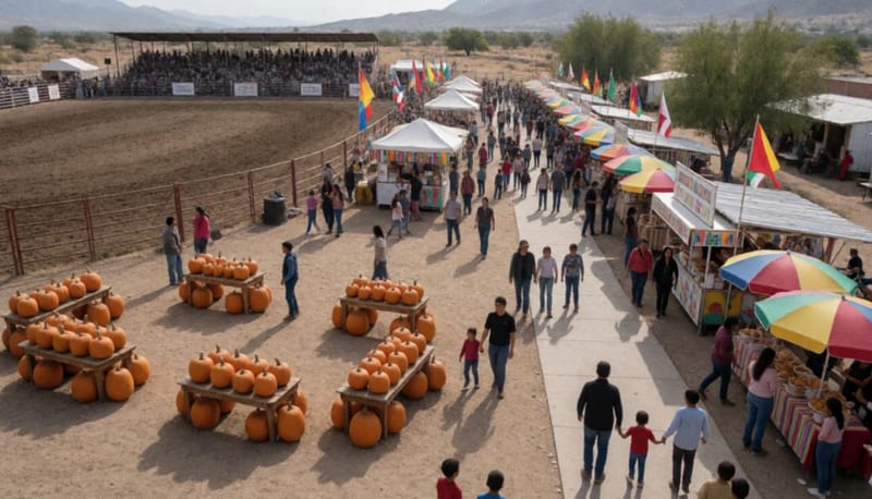 Calabazas gigantes y stands de comida en un terreno de festival otoñal rodeado de montañas desérticas