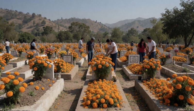 Panteón con tumbas cubiertas de flores de cempasúchil y familias a lo lejos
