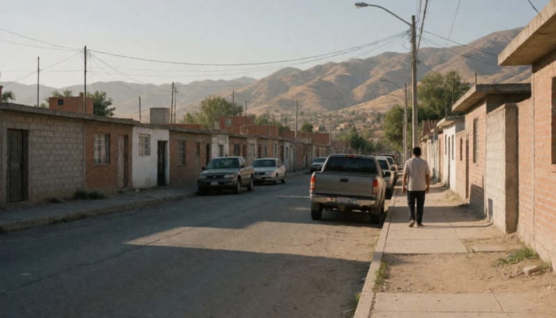 Calle residencial tranquila con casas de un piso y camionetas estacionadas, con cerros secos al fondo bajo el sol de la tarde