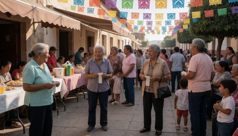 Adultos mayores reunidos en una plaza festiva con decoraciones y mesas de comida bajo toldos