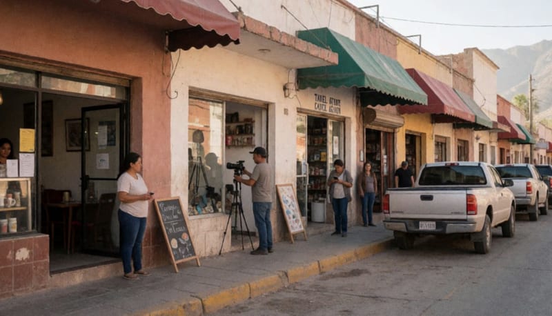 Personas paradas frente a locales comerciales pequeños en una calle de Cuauhtémoc bajo la luz del atardecer
