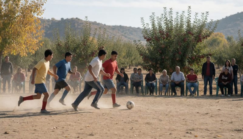 Jugadores de futbol amateur disputan un balón en una cancha de tierra con aficionados en sillas de plástico y cerros al fondo