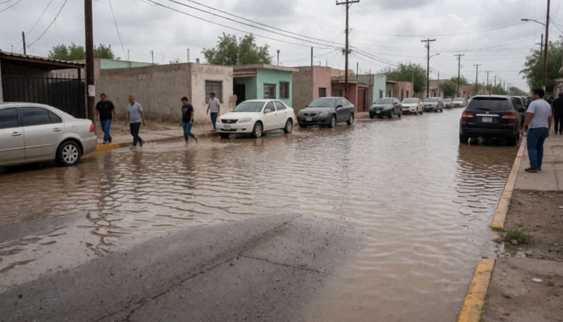 Calle inundada de una ciudad fronteriza con autos parcialmente cubiertos por agua y vecinos caminando por la banqueta bajo un cielo nublado