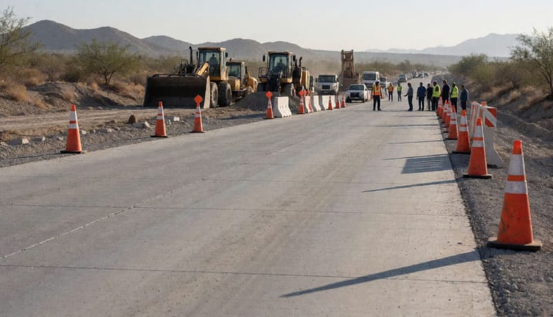 Maquinaria de construcción en una carretera de concreto a través del paisaje árido de Cuauhtémoc