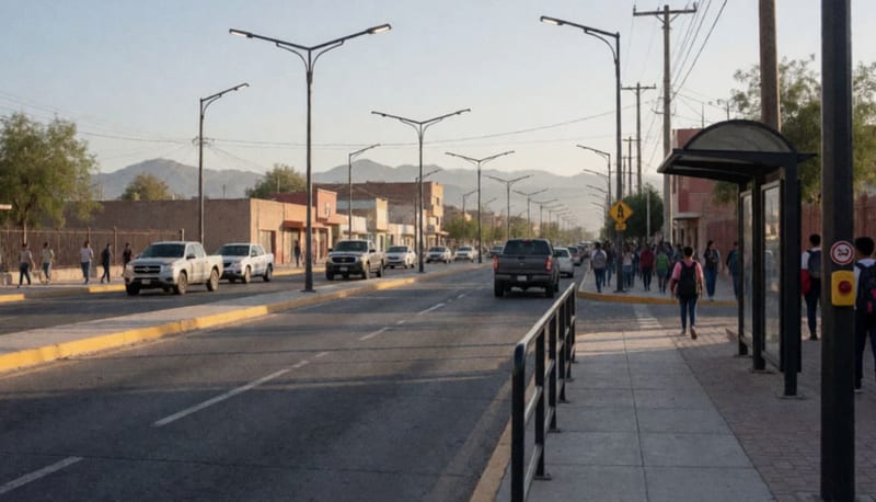 Calle iluminada con nuevas farolas LED, banquetas reparadas y parada de autobús en zona escolar