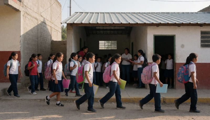 Estudiantes en el patio de una escuela con edificios de techumbre metálica en una zona escolar del municipio
