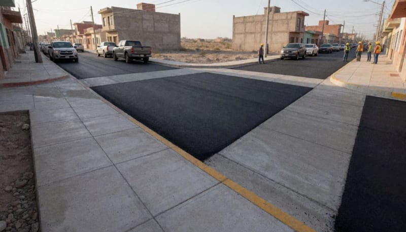 Calles recientemente pavimentadas con concreto en una ciudad del norte de México, con obreros supervisando los trabajos