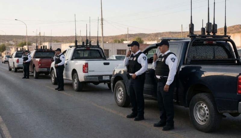 Elementos de policía municipal junto a vehículos operativos en una calle desértica del norte de México