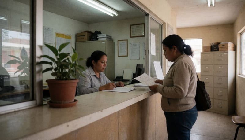 Ciudadano realizando un trámite en una oficina de atención municipal con escritorios y archiveros