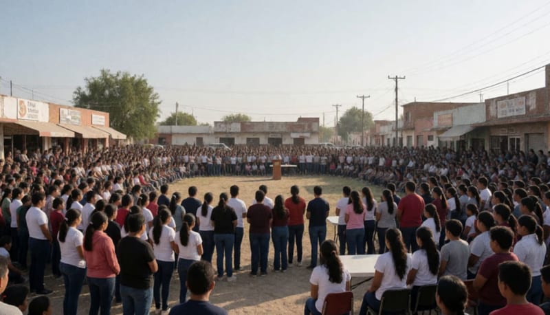 Cientos de personas reunidas en una plaza de Cuauhtémoc durante una jornada comunitaria de prevención del suicidio