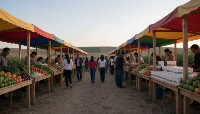 Puestos de venta de productos agrícolas y lácteos en un festival de otoño bajo toldo, con visitantes recorriendo los stands