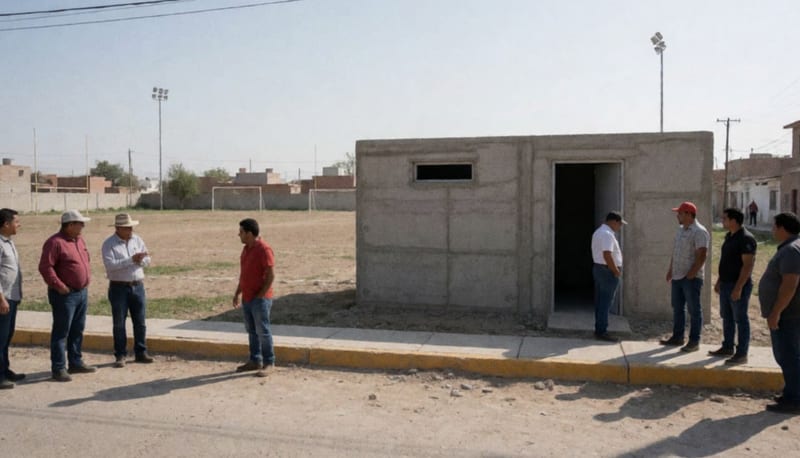 Estructura de sanitarios recién construida en un campo de tochito del norte de México con trabajadores y terreno deportivo al fondo