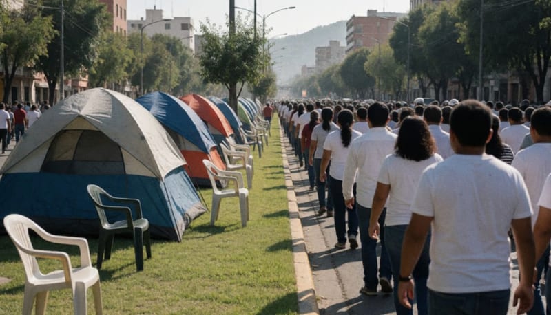 Multitud de trabajadores caminando en columna por una avenida amplia, con casas de campaña y sillas de plástico en el camellón