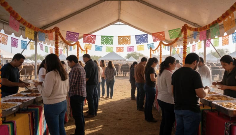 Visitantes recorriendo puestos de comida bajo carpas decoradas con flores de cempasúchil