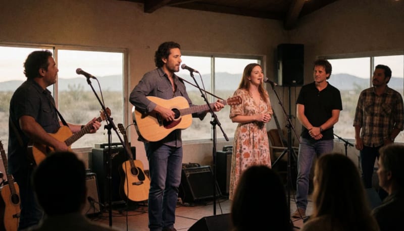 Músicos presentando en vivo con guitarra acústica y intérpretes en un escenario iluminado