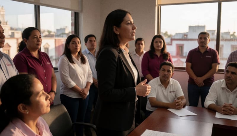 Mujer en traje ejecutivo dirigiéndose a miembros de su partido en una sala de conferencias con luz natural