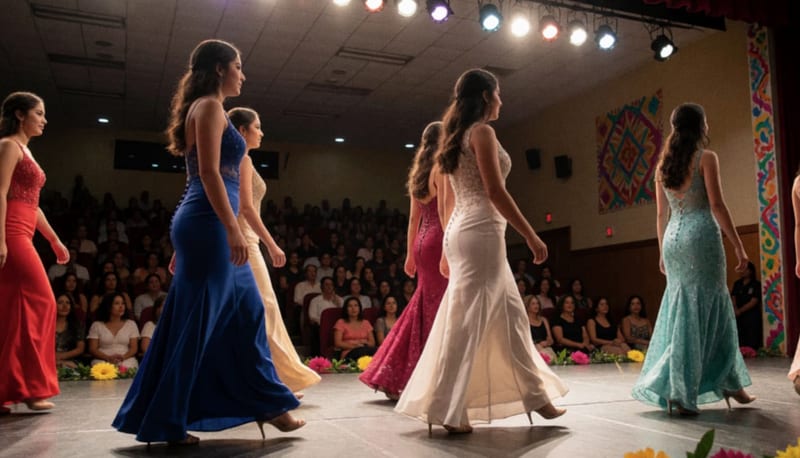 Candidatas desfilando en vestidos de noche sobre el escenario del auditorio cultural