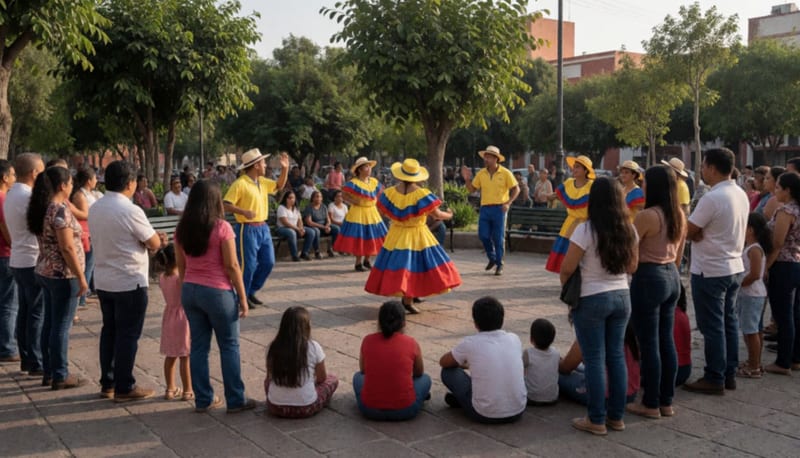 Familias delicienses disfrutando de danzas folclóricas colombianas en una plaza pública con coreografías de coloridos vestuarios