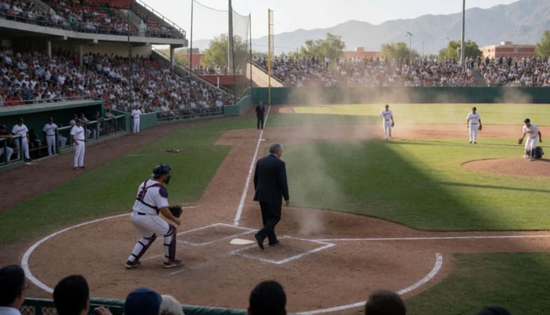 Funcionario estatal en la ceremonia de lanzamiento de la primera bola en el estadio de béisbol