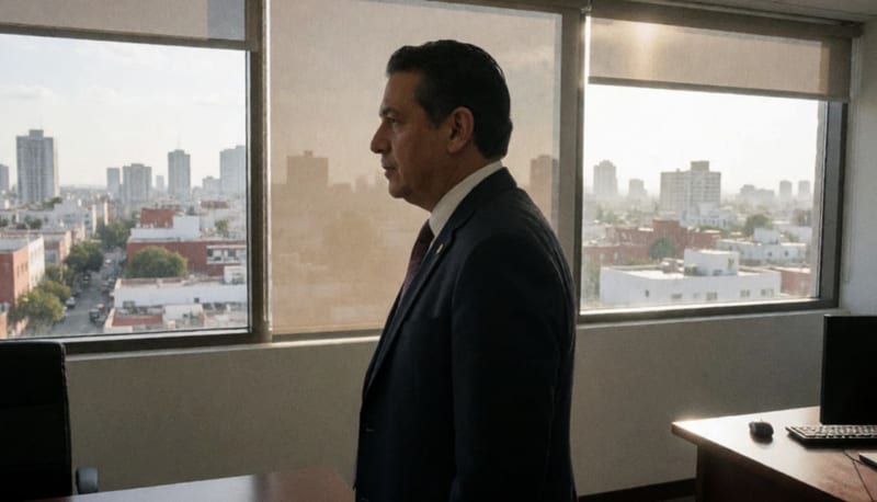 Oficina gubernamental moderna con vistas a la ciudad de Chihuahua durante la tarde
