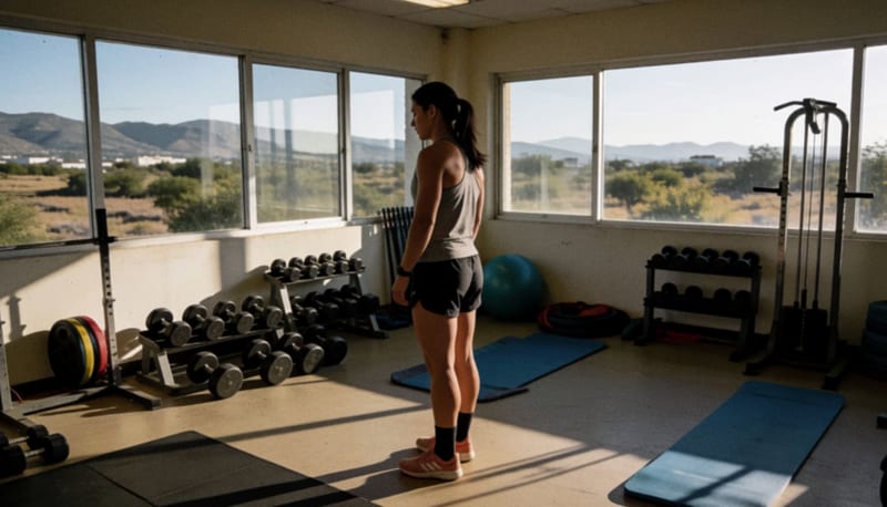 Atleta en ropa deportiva dentro de un área de entrenamiento con equipo de gimnasio alrededor