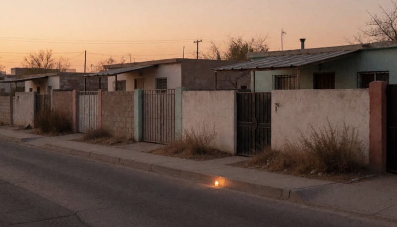 Calle residencial tranquila al atardecer con casas bajas y una veladora encendida sobre la banqueta