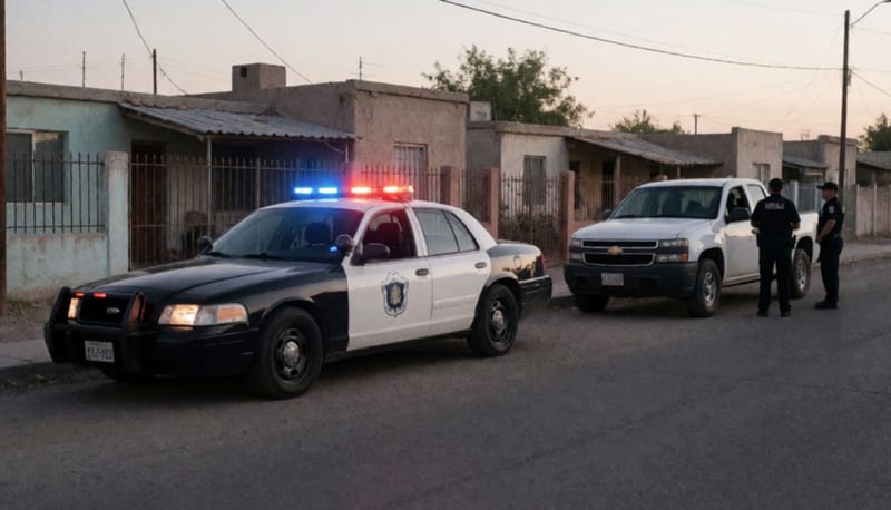 Patrulla municipal con luces activadas en una calle residencial de Delicias durante un operativo nocturno